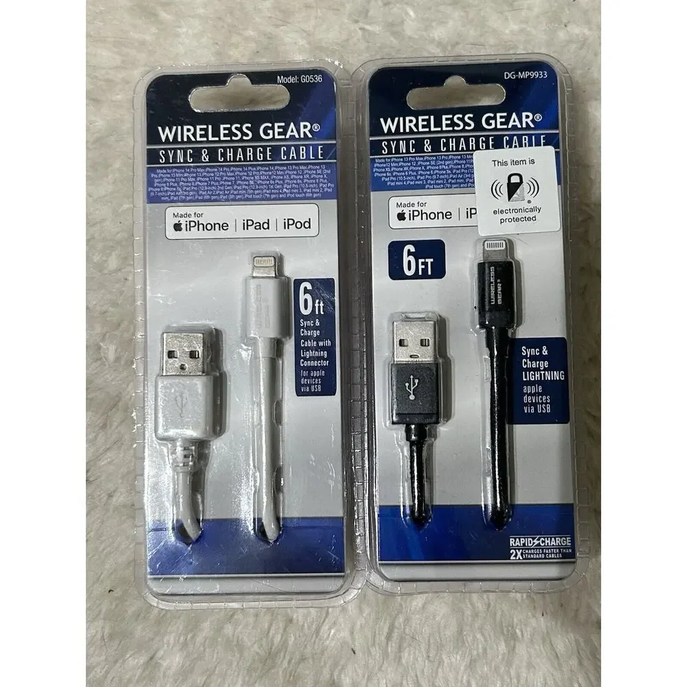 Wireless Gear Charge/sinc Cables For iPhone. 6ft Black And White Set Of 2